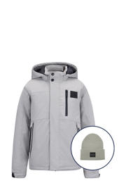 thumbnail: Beige jongens Retour Jeans gewatteerde winterjas Victor van polyester met effen, lange mouwen, capuchon en rits- en drukknoopsluiting