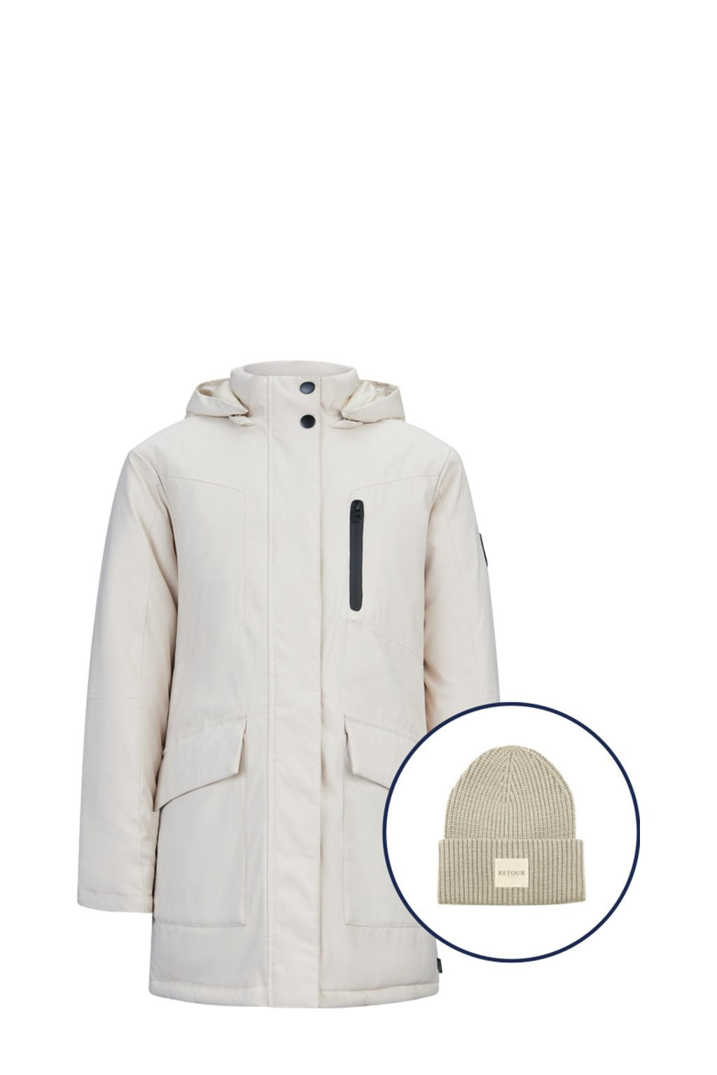 Ecru meisjes Retour Jeans gewatteerde winterjas Silke van polyester met effen, lange mouwen, capuchon, rits- en drukknoopsluiting en tunnelkoord