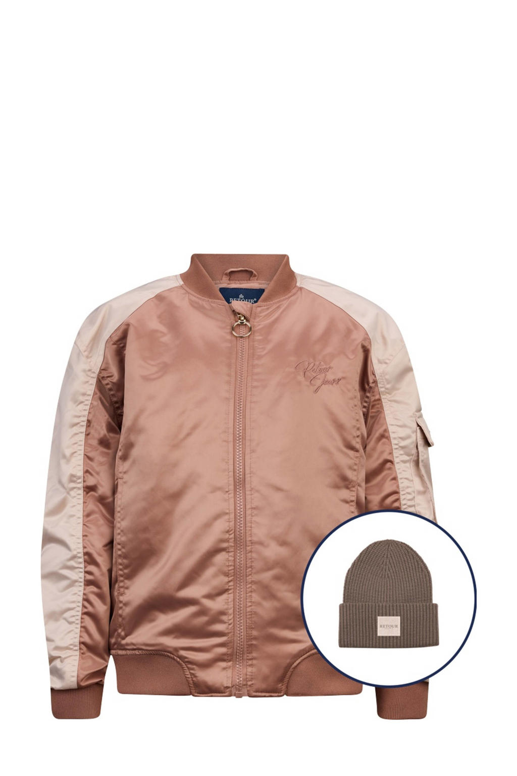 Bruin, lichtbruin en beige meisjes Retour Jeans bomberjack Tatum van polyester met meerkleurige print, lange mouwen, ronde hals en ritssluiting
