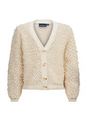 thumbnail: Ecru meisjes Retour Jeans vest Emmy van acryl met effen, lange mouwen, V-hals en knoopsluiting
