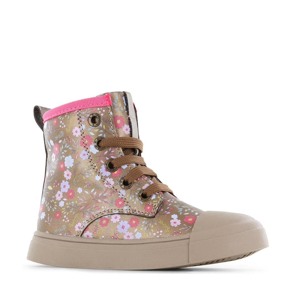 Bronzen meisjes Shoesme gebloemde sneakers van imitatieleer met rits- en vetersluiting