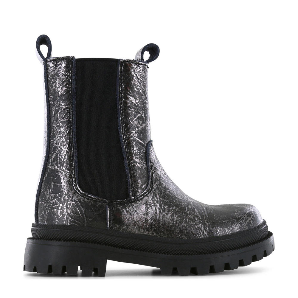 Zwart en zilverkleurige meisjes Shoesme leren chelsea boots met profielzool, ritssluiting en effen