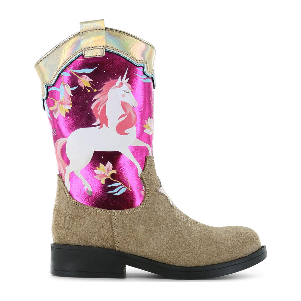 Beige en fuchsia meisjes Shoesme suède cowboylaarzen met ritssluiting en personageprint