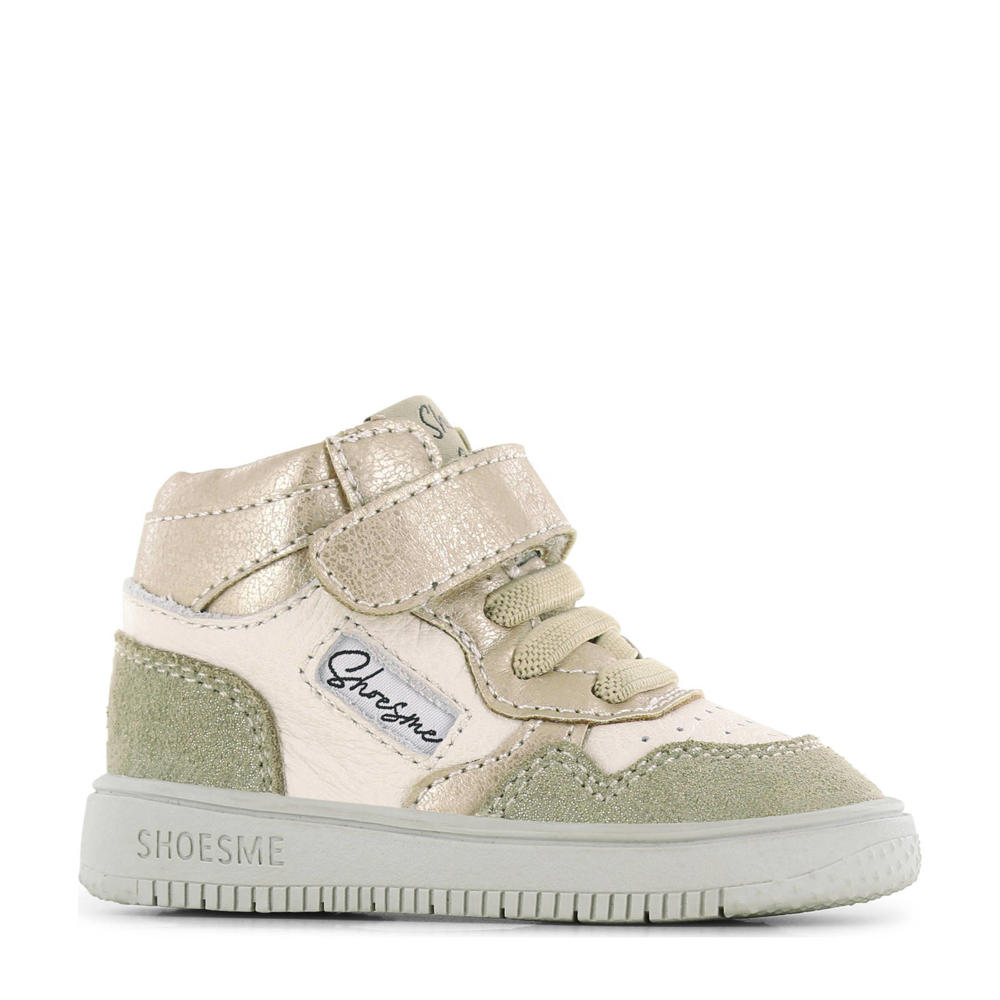 Rosé en beige meisjes Shoesme leren sneakers met elastische veter- met klittenbandsluiting