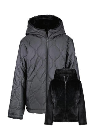 reversible quilted gewatteerde imitatiebont winterjas RIES zwart