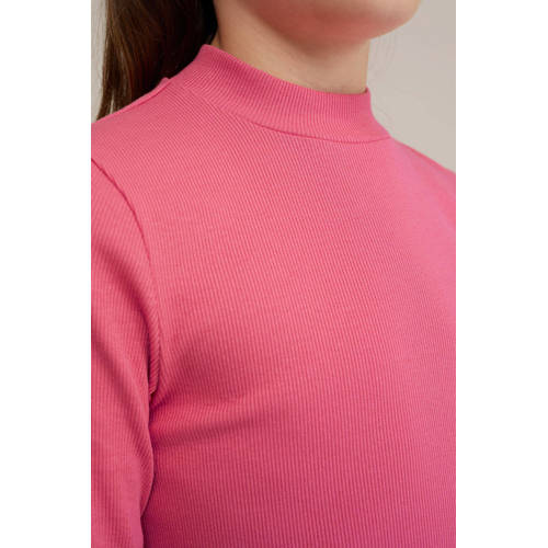 WE Fashion ribgebreide longsleeve felroze Meisjes Katoen Col Effen 170 176