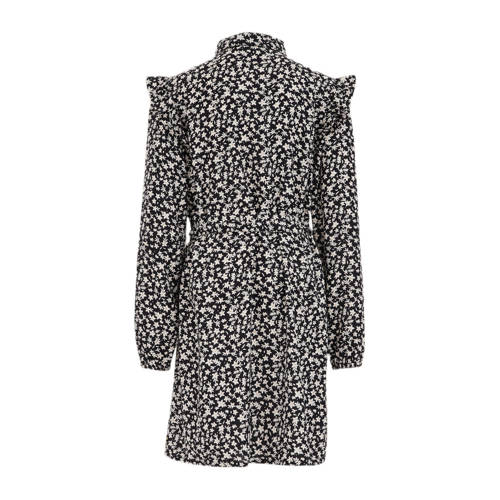 WE Fashion jurk met all over print en ruches rood roze Zwart Meisjes Viscose Klassieke kraag 146 152