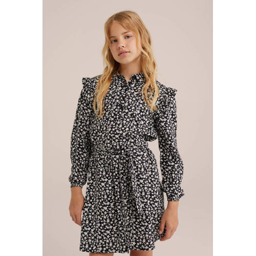WE Fashion jurk met all over print en ruches rood roze Zwart Meisjes Viscose Klassieke kraag 146 152