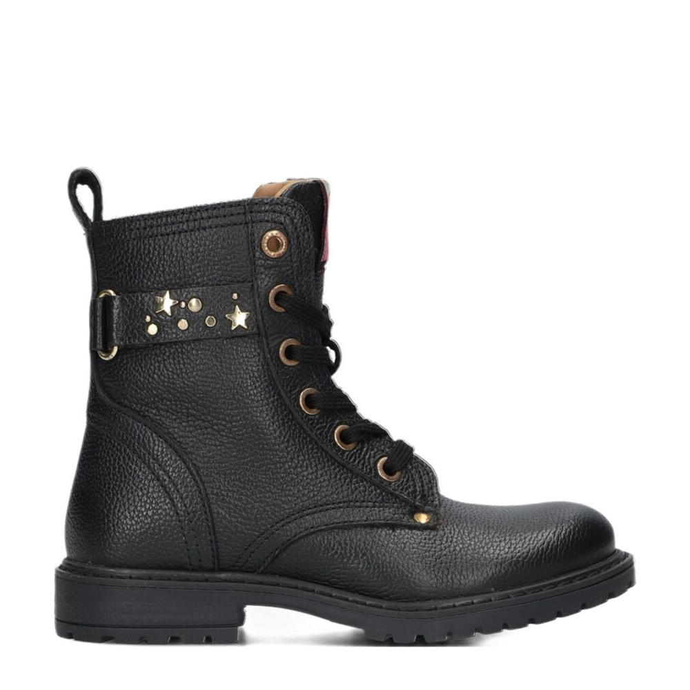 Zwarte meisjes Develab leren veterboots met rits- en vetersluiting en effen