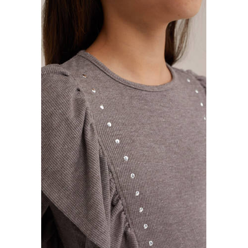 WE Fashion T-shirt bruin Meisjes Polyester Ronde hals Effen 122 128