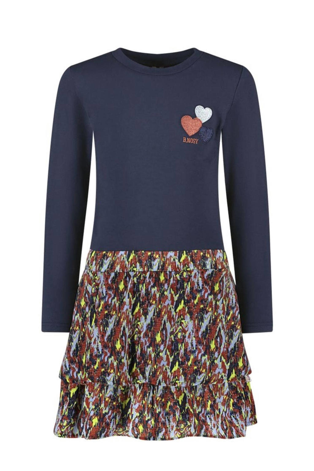 Donkerblauw en bruine meisjes B.Nosy halter jurk Dante van stretchkatoen met lange mouwen en elastische tailleband
