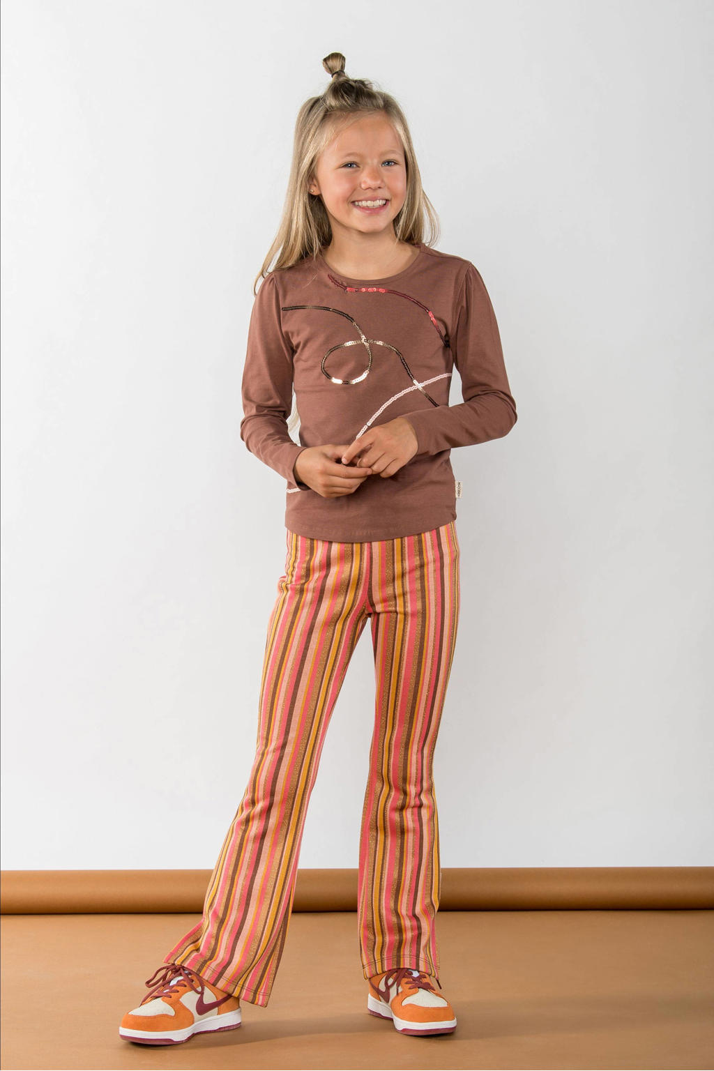 Oranje en roze meisjes B.Nosy gestreepte flared broek Phae van polyester met regular waist en elastische tailleband