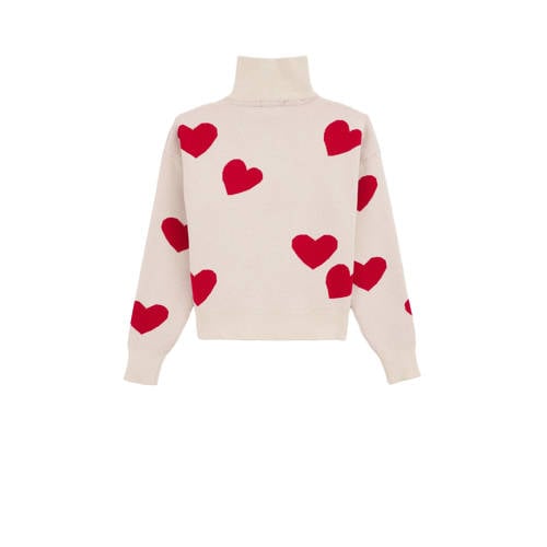 WE Fashion trui offwhite rood Ecru Meisjes Viscose Opstaande kraag All over print 146 152