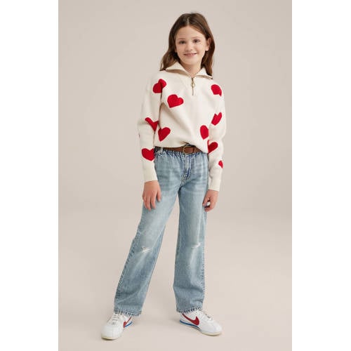 WE Fashion trui offwhite rood Ecru Meisjes Viscose Opstaande kraag All over print 146 152