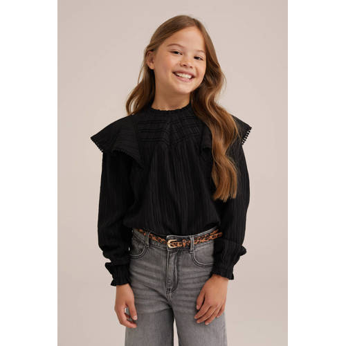WE Fashion blouse zwart Meisjes Polyester Ronde hals Effen 122 128