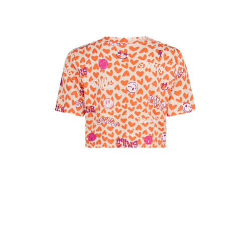 Shoeby crop top met all over print oranje roze Meisjes Polyester Ronde hals 146 152