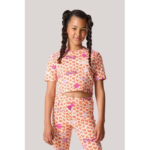 Shoeby crop top met all over print oranje roze Meisjes Polyester Ronde hals 146 152
