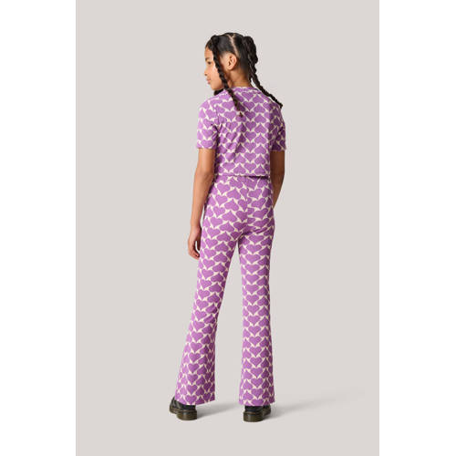 Shoeby flared broek met hartjes paars offwhite Meisjes Polyester Hartjes 170 176