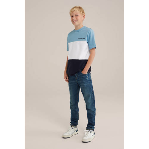 WE Fashion gestreept T-shirt blauw wit Jongens Katoen Ronde hals Streep 110 116