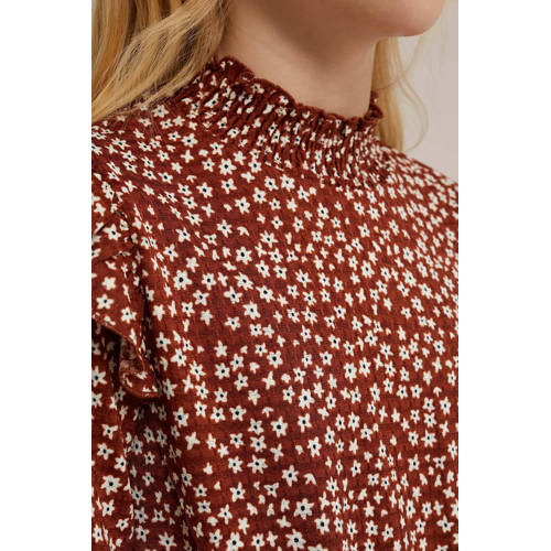 WE Fashion gebloemde jurk bruin wit Meisjes Polyester Ronde hals Bloemen 170 176