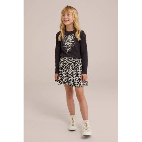 WE Fashion longsleeve met printopdruk antraciet Grijs Meisjes Katoen Ronde hals 146 152