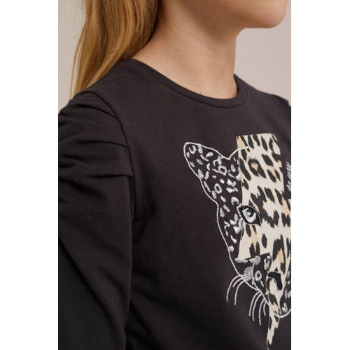 WE Fashion longsleeve met printopdruk antraciet Grijs Meisjes Katoen Ronde hals 146 152