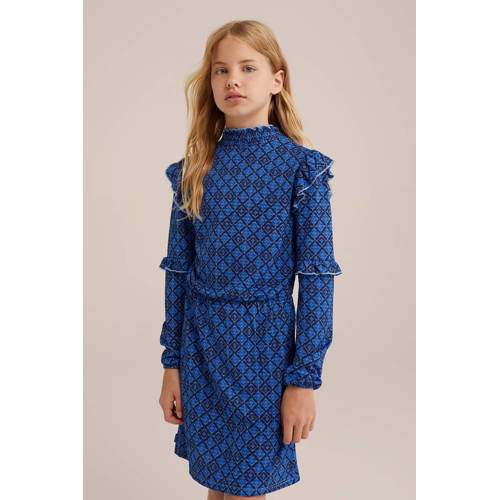 WE Fashion jurk met all over print en ruches blauw Meisjes Polyester Ronde hals 122 128