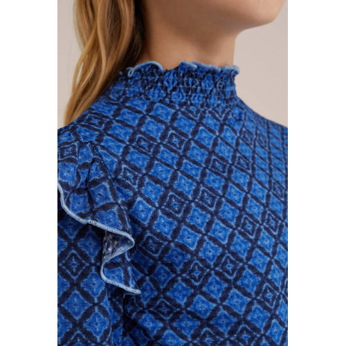 WE Fashion jurk met all over print en ruches blauw Meisjes Polyester Ronde hals 122 128