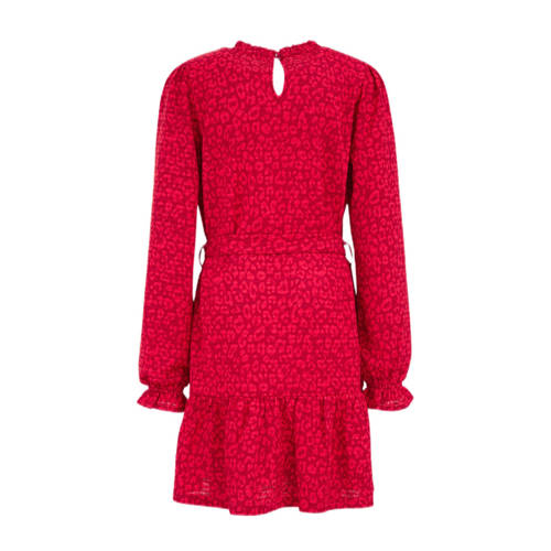 WE Fashion jurk met all over print en plooien rood Meisjes Polyester Ronde hals 134 140