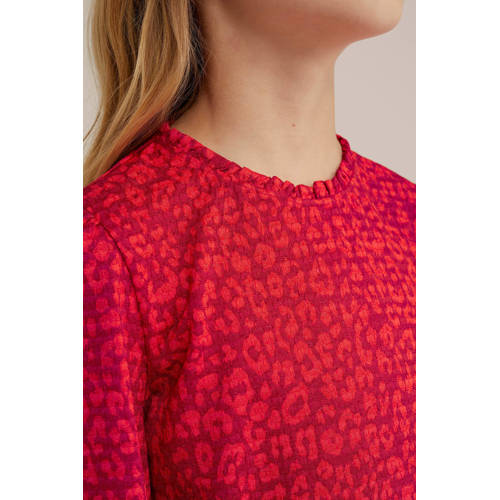 WE Fashion jurk met all over print en plooien rood Meisjes Polyester Ronde hals 134 140