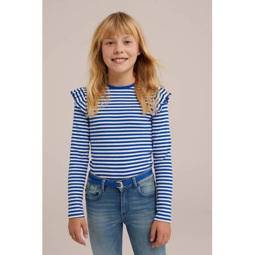 WE Fashion gestreepte longsleeve blauw wit Meisjes Stretchkatoen Ronde hals 98 104