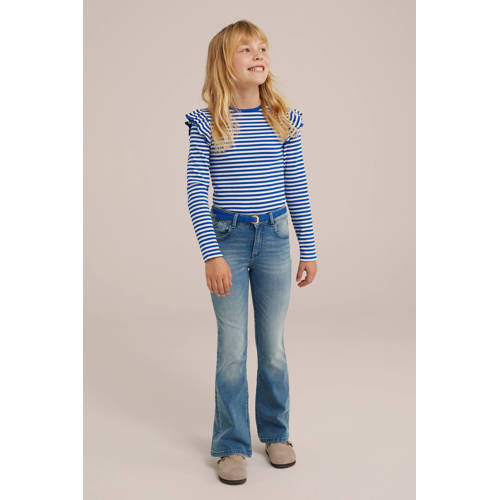 WE Fashion gestreepte longsleeve blauw wit Meisjes Stretchkatoen Ronde hals 98 104