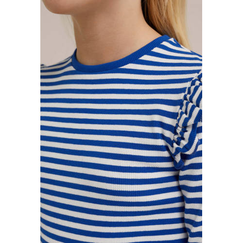 WE Fashion gestreepte longsleeve blauw wit Meisjes Stretchkatoen Ronde hals 98 104