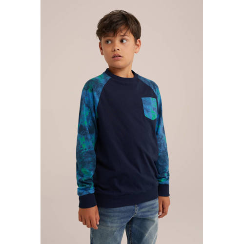 WE Fashion longsleeve blauw groen Jongens Katoen Ronde hals Meerkleurig 158 164