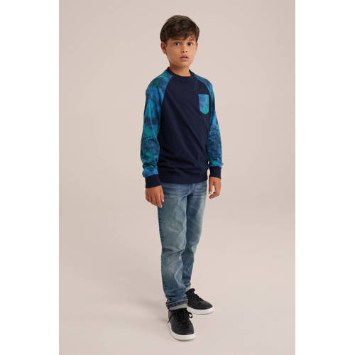 WE Fashion longsleeve blauw groen Jongens Katoen Ronde hals Meerkleurig 158 164