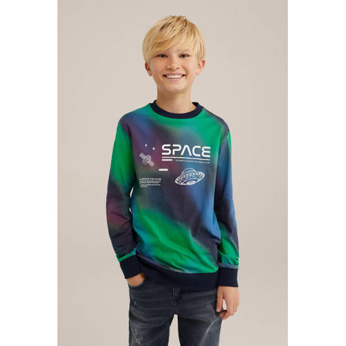 WE Fashion longsleeve groen paars Jongens Katoen Ronde hals All over print 110 116