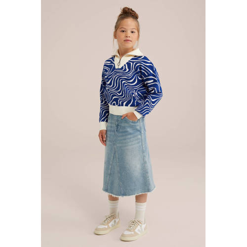 WE Fashion gebreide trui blauw Meisjes Viscose Opstaande kraag All over print 134 140