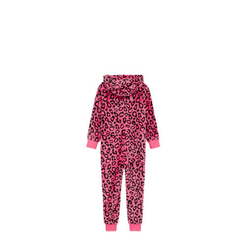 WE Fashion fleece onesie met panterprint felroze zwart Panterprint 134 140