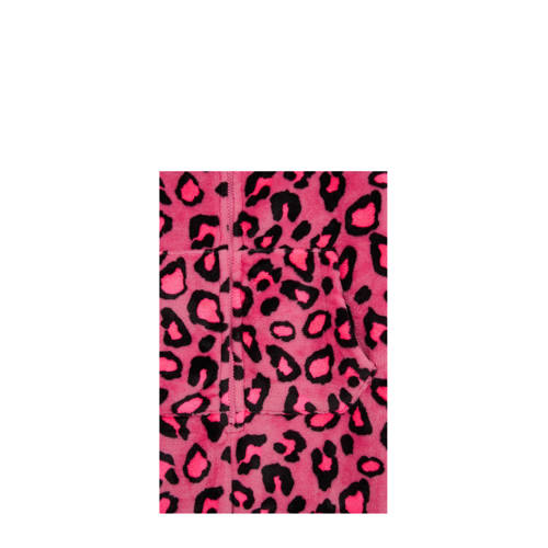 WE Fashion fleece onesie met panterprint felroze zwart Panterprint 134 140