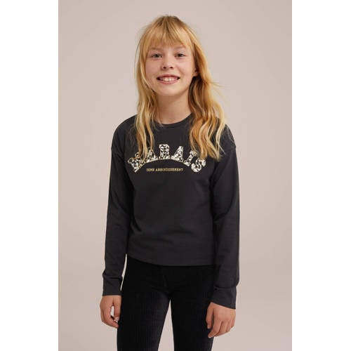 WE Fashion longsleeve met printopdruk zwart Meisjes Stretchkatoen Ronde hals 98 104