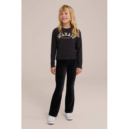 WE Fashion longsleeve met printopdruk zwart Meisjes Stretchkatoen Ronde hals 98 104