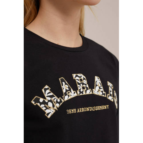 WE Fashion longsleeve met printopdruk zwart Meisjes Stretchkatoen Ronde hals 98 104