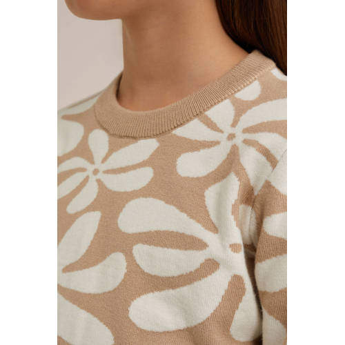 WE Fashion gebreide trui beige Meisjes Viscose Ronde hals Bloemen 146 152