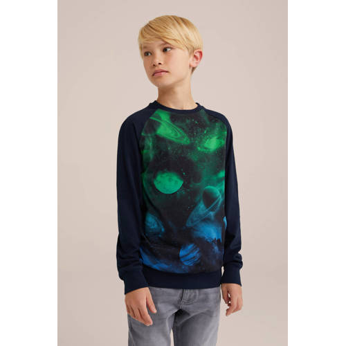 WE Fashion sweater donkerblauw Trui Jongens Katoen Ronde hals Printopdruk 170 176