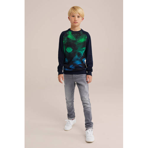 WE Fashion sweater donkerblauw Trui Jongens Katoen Ronde hals Printopdruk 170 176