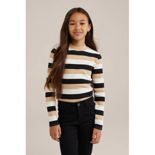 WE Fashion gestreepte longsleeve groen Meisjes Katoen Opstaande kraag Streep 98 104