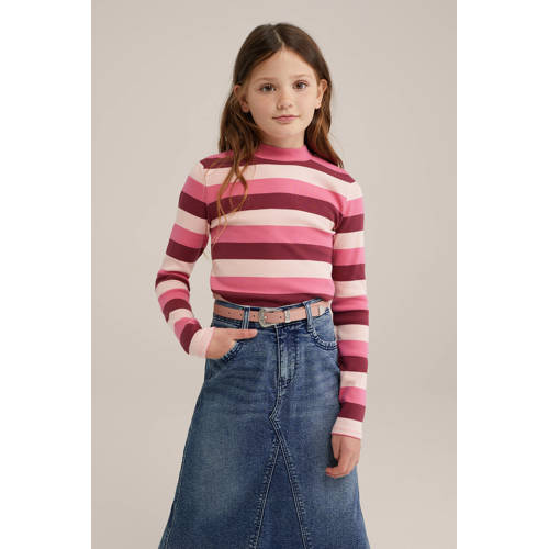 WE Fashion gestreepte longsleeve roze donkerroze Meisjes Katoen Opstaande kraag 146 152