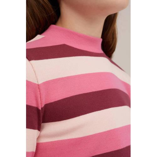 WE Fashion gestreepte longsleeve roze donkerroze Meisjes Katoen Opstaande kraag 146 152
