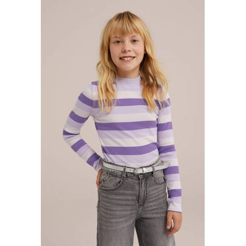 WE Fashion gestreepte longsleeve groen Meisjes Katoen Opstaande kraag Streep 98 104