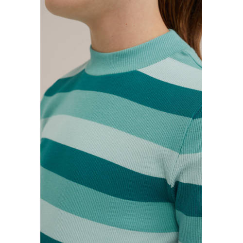 WE Fashion gestreepte longsleeve groen Meisjes Katoen Opstaande kraag Streep 146 152